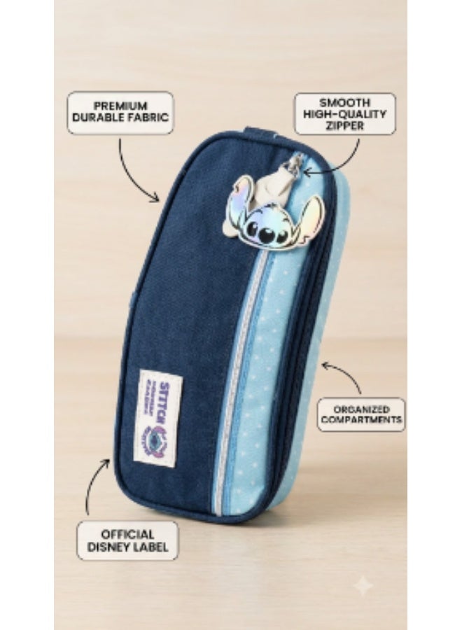 Kidzilla Stitch Tall Double-Compartment Pencil Case with Front Pocket and Carry Loop - Image 2
