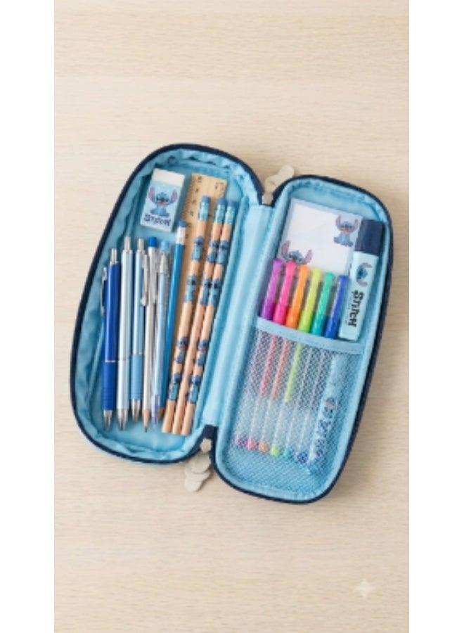 Kidzilla Stitch Tall Double-Compartment Pencil Case with Front Pocket and Carry Loop - Image 3