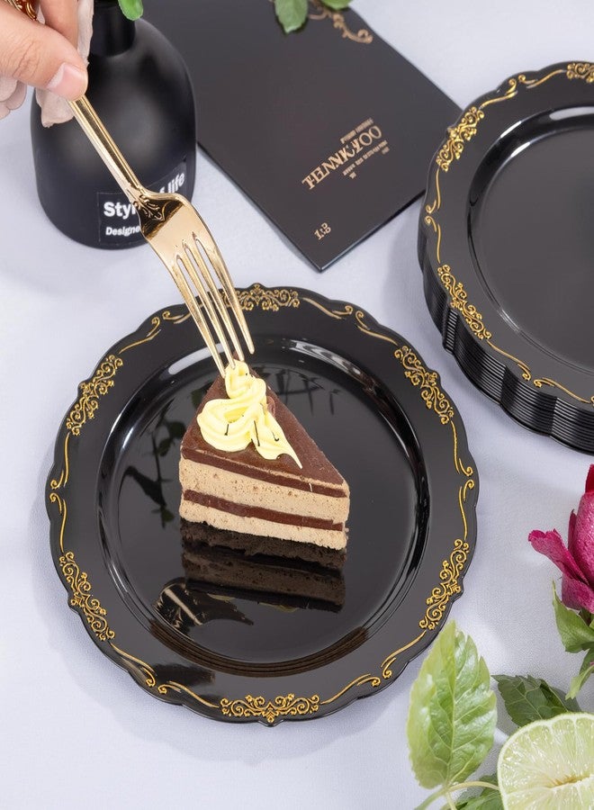 DaYammi 60PCS Black and Gold Plastic Plates, Heavy Duty Black and Gold Disposable Plates Premium 7.5 inch Dessert Cake Salad Appetizer Plate Hard Plastic Plate Disposable for Party Wedding - Image 4