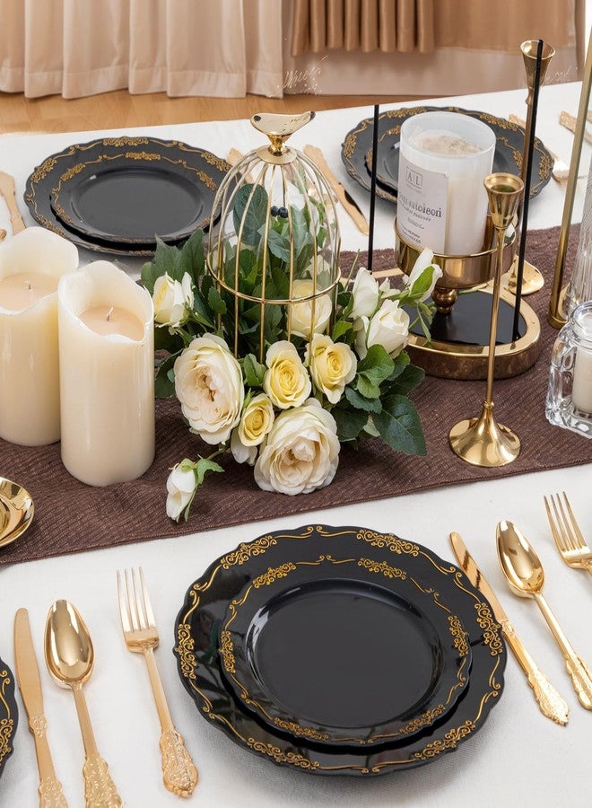 DaYammi 60PCS Black and Gold Plastic Plates, Heavy Duty Black and Gold Disposable Plates Premium 7.5 inch Dessert Cake Salad Appetizer Plate Hard Plastic Plate Disposable for Party Wedding - Image 2