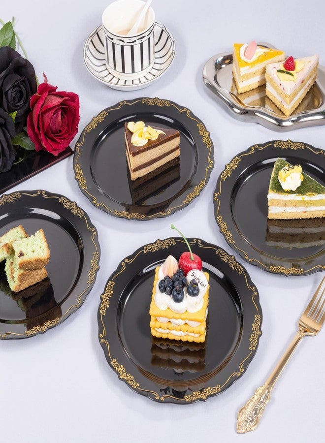 DaYammi 60PCS Black and Gold Plastic Plates, Heavy Duty Black and Gold Disposable Plates Premium 7.5 inch Dessert Cake Salad Appetizer Plate Hard Plastic Plate Disposable for Party Wedding - Image 5