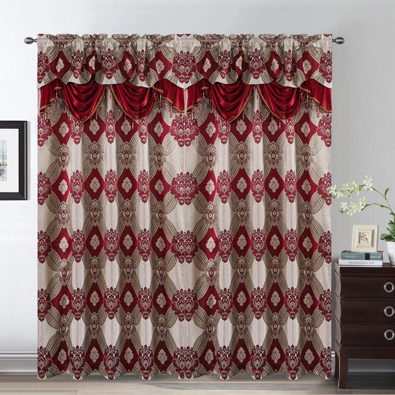 Petrichor Elegant Curtains with Gold Silver Threads 2 Panels Set - Luxury Window Treatment Attached Valance, Sheer Backing, and 2 Tie Backs for Bedroom and Living Room, 54x84 inches, Burgundy - Image 2