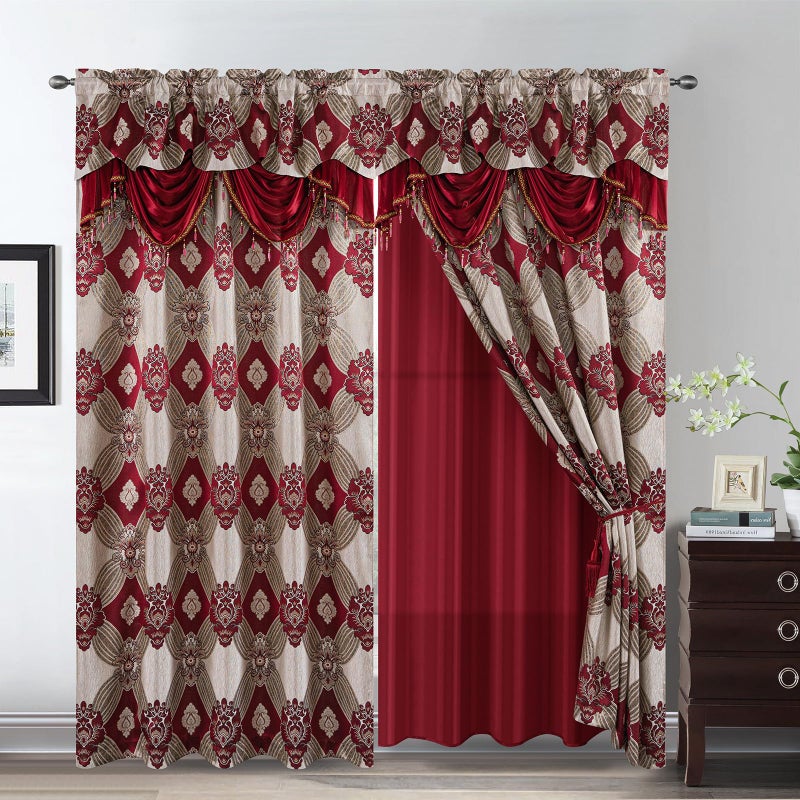 Petrichor Elegant Curtains with Gold Silver Threads 2 Panels Set - Luxury Window Treatment Attached Valance, Sheer Backing, and 2 Tie Backs for Bedroom and Living Room, 54x84 inches, Burgundy - Image 1