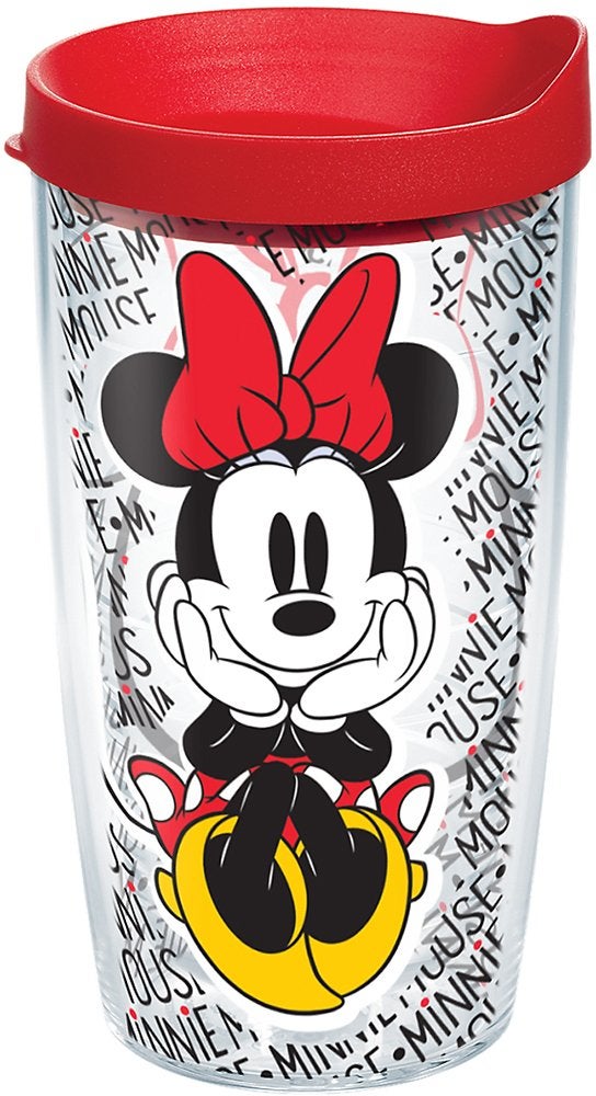 Tervis Disney  Minnie Mouse Name Pattern Tumbler with Wrap and Red Lid 16oz Clear