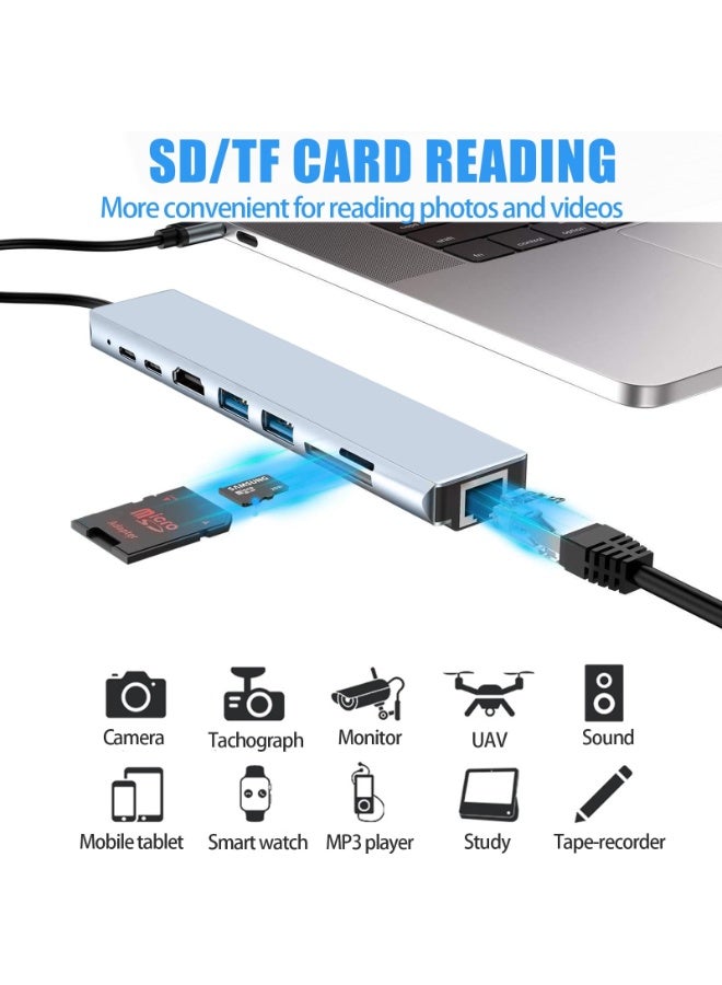 8 In 1 USB C Hub Multiports Type C Dock to HDMI Adapter With 4K HDMI SD TF Card Reader Slots 3 USB 3.0 Ports For MacBook Pro Air M3 M2 M1 iPad Pro M4 iPhone 16 15 Pro Max Galaxy S24 S23 Ultra | Silver - Image 3
