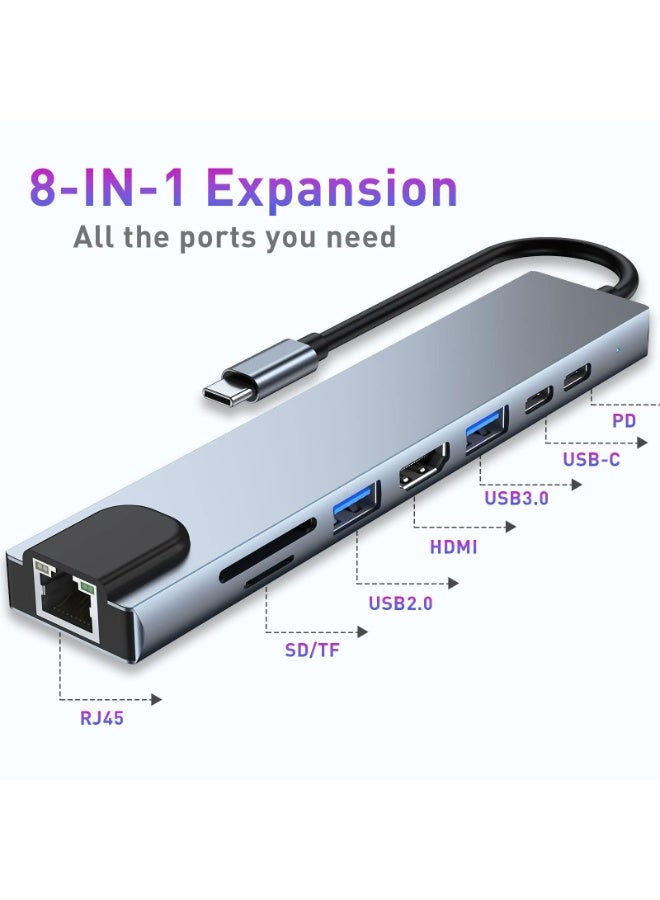 8 In 1 USB C Hub Multiports Type C Dock to HDMI Adapter With 4K HDMI SD TF Card Reader Slots 3 USB 3.0 Ports For MacBook Pro Air M3 M2 M1 iPad Pro M4 iPhone 16 15 Pro Max Galaxy S24 S23 Ultra | Silver - Image 1