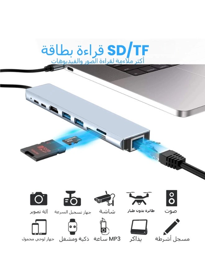 LR Nexus 8 In 1 USB C Hub Multiports Type C Dock to HDMI Adapter With 4K HDMI SD TF Card Reader Slots 3 USB 3.0 Ports For MacBook Pro Air M3 M2 M1 iPad Pro M4 iPhone 16 15 Pro Max Galaxy S24 S23 Ultra | Silver - Image 3