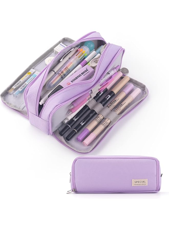 كوكوميلون حقيبة أقلام كبيرة السعة مكونة من 3 أقسام وحقيبة أقلام للمدرسة والمراهقات والفتيات والفتيان والرجال والنساء باللون الأرجواني - Image 1