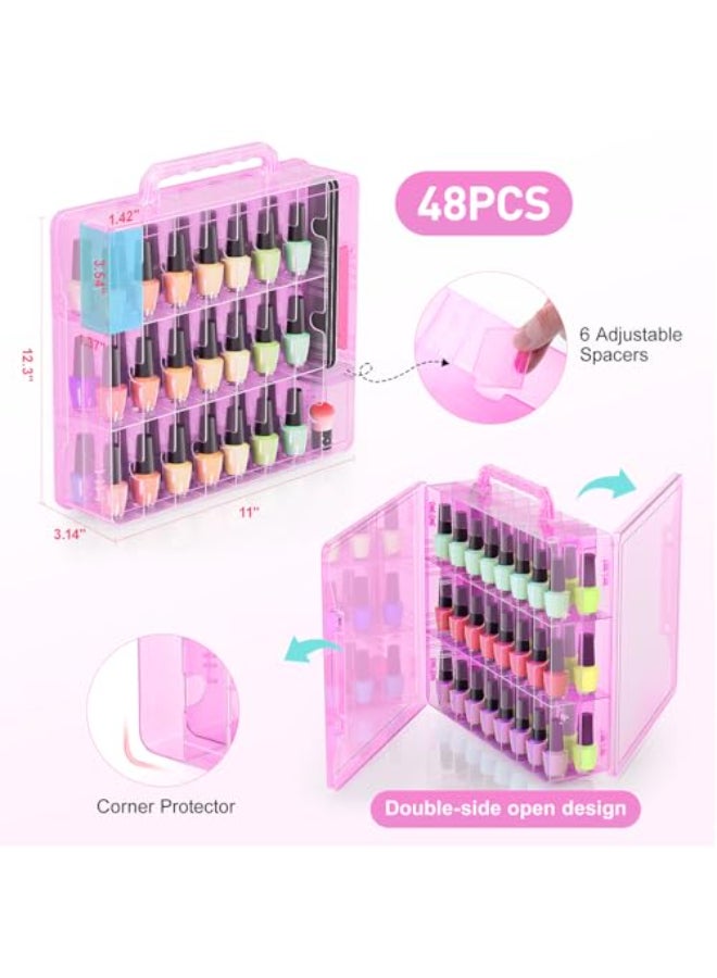 BELOVING Nail Polish Organizer Pack of 2 Portable 48 Bottles Clear Nail Polish Holder with Adjustable Divider Gel Nail Polish Storage Double Side Nail Polish Organizer Case for Nail Tech Pink - Image 3
