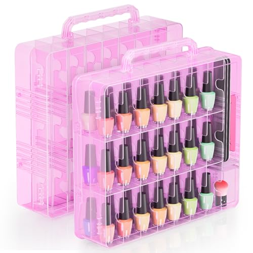 Beloving Nail Polish Organizer Pack of 2 Portable 48 Bottles Clear Nail Polish Holder with Adjustable Divider Gel Nail Polish Storage Double Side Nail Polish Organizer Case for Nail Tech Pink - Image 1