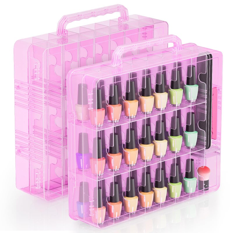 Beloving Nail Polish Organizer Pack of 2 Portable 48 Bottles Clear Nail Polish Holder with Adjustable Divider Gel Nail Polish Storage Double Side Nail Polish Organizer Case for Nail Tech Pink - Image 2