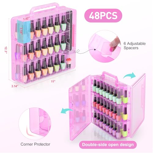Beloving Nail Polish Organizer Pack of 2 Portable 48 Bottles Clear Nail Polish Holder with Adjustable Divider Gel Nail Polish Storage Double Side Nail Polish Organizer Case for Nail Tech Pink - Image 3