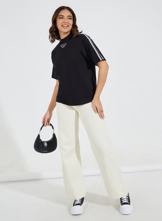 Styli Styli Cotton Jersey High Neck T-Shirt with Shoulder Tape Detail  - Image 2