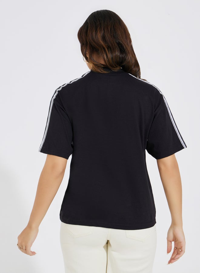 Styli Cotton Jersey High Neck T-Shirt with Shoulder Tape Detail
