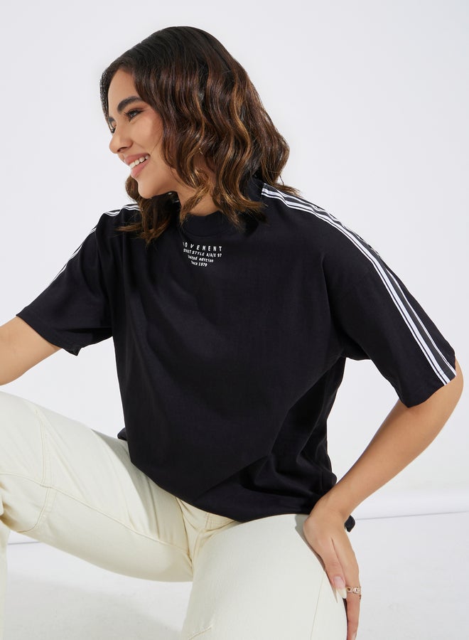 Styli Styli Cotton Jersey High Neck T-Shirt with Shoulder Tape Detail  - Image 1