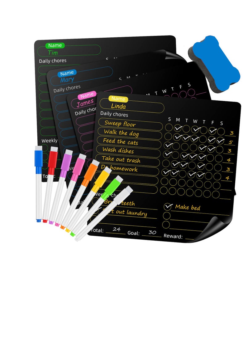 Excefore Magnetic Dry Erase Calendar, 4 Pcs Magnetic Chore Chart for Kids with 8 Colored Markers and 1 Eraser, Reward Chart, Dry Erase Behavior Charts for Kids, Teens, Adults, Family, Black - Image 1