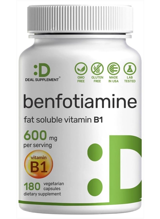 DEAL SUPPLEMENT Benfotiamine 600mg Per Serving, 180 Veggie Capsules (300mg Per Cap) – Fat Soluble Vitamin B1 Thiamine Supplement – 3rd Party Tested, Vegan, Non-GMO, Gluten Free  - Image 1