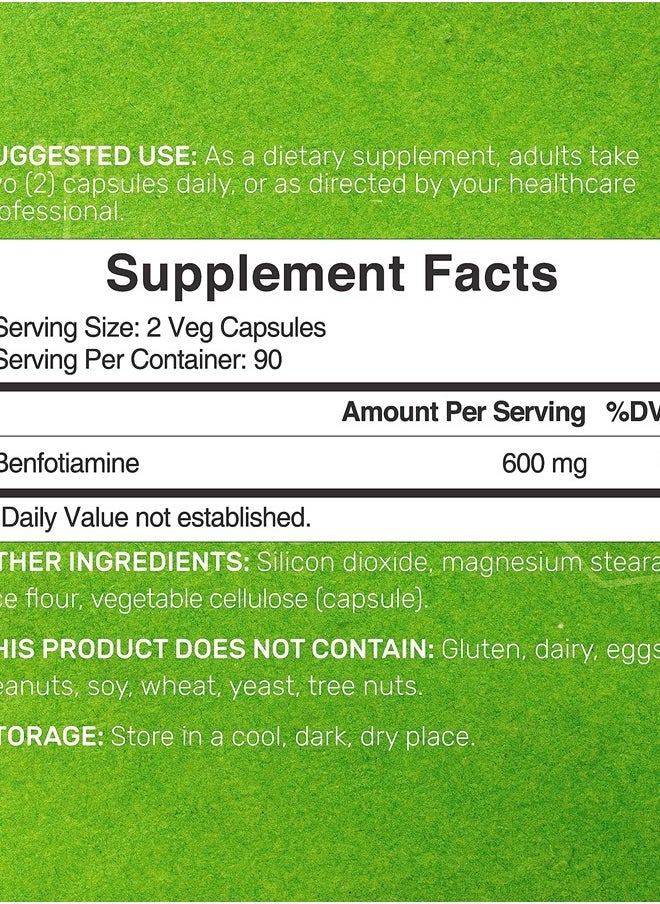 DEAL SUPPLEMENT Benfotiamine 600mg Per Serving, 180 Veggie Capsules (300mg Per Cap) – Fat Soluble Vitamin B1 Thiamine Supplement – 3rd Party Tested, Vegan, Non-GMO, Gluten Free  - Image 2