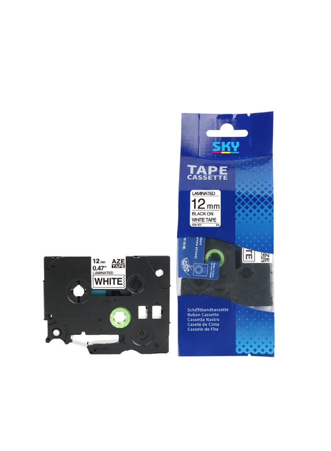 12 mm x 8 meter Black on White AZE Label Tape Cartridge for P-Touch Label Printers
