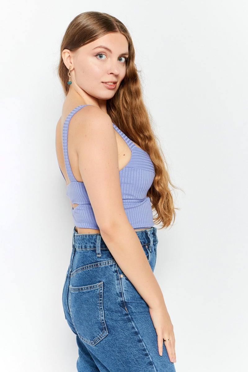 Etam Women Diamond Neck Sleeveless Ribbed Cut Out Crop Top, Violet Blue - Image 3