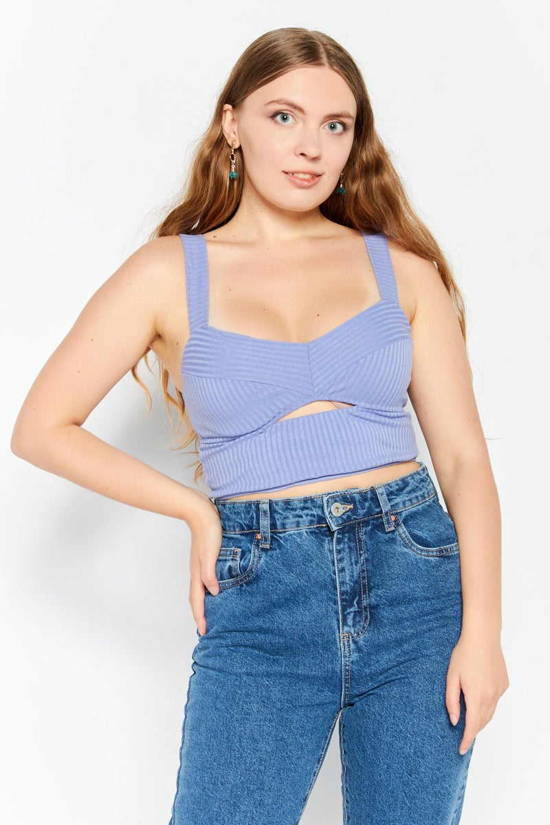 Etam Women Diamond Neck Sleeveless Ribbed Cut Out Crop Top, Violet Blue - Image 1