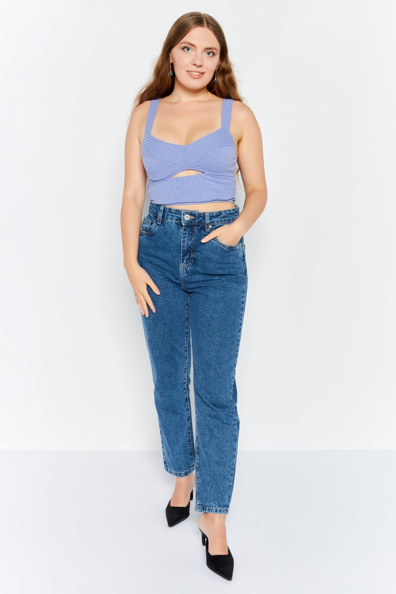 Etam Women Diamond Neck Sleeveless Ribbed Cut Out Crop Top, Violet Blue - Image 2