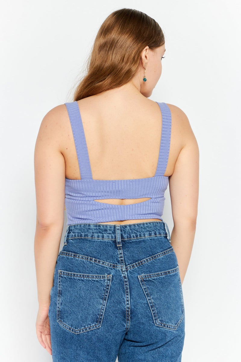 Etam Women Diamond Neck Sleeveless Ribbed Cut Out Crop Top, Violet Blue - Image 2