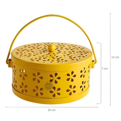 DSH Mosquito Coil Box with Handle Metal Hollow Out Mosquito Coil Holder Fireproof Incense Round Shape Coil Incense Burner (Yellow) - Image 4