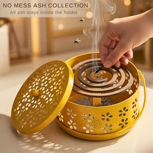 DSH Mosquito Coil Box with Handle Metal Hollow Out Mosquito Coil Holder Fireproof Incense Round Shape Coil Incense Burner (Yellow) - Image 2