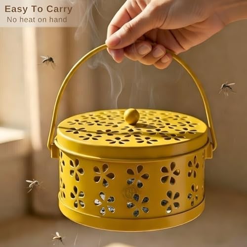 DSH Mosquito Coil Box with Handle Metal Hollow Out Mosquito Coil Holder Fireproof Incense Round Shape Coil Incense Burner (Yellow) - Image 3