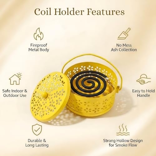 DSH Mosquito Coil Box with Handle Metal Hollow Out Mosquito Coil Holder Fireproof Incense Round Shape Coil Incense Burner (Yellow) - Image 5