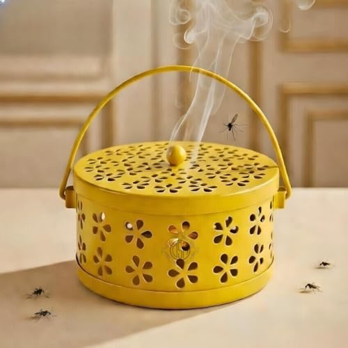 DSH Mosquito Coil Box with Handle Metal Hollow Out Mosquito Coil Holder Fireproof Incense Round Shape Coil Incense Burner (Yellow) - Image 1