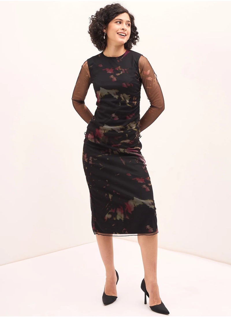 Salt Attire Women's Abstract Print Crew Neck Top and High Rise Midi Skirt Set, Attached Lining, Ruching Detail, Full Sleeve Top with Side Zip Closure  - Image 2
