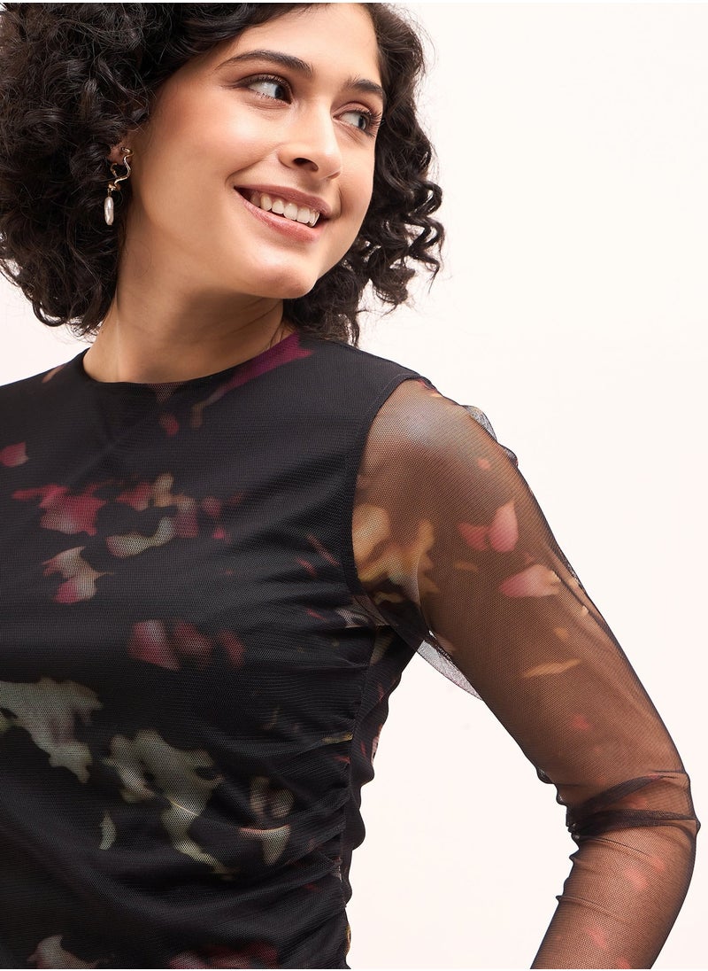 Salt Attire Women's Abstract Print Crew Neck Top and High Rise Midi Skirt Set, Attached Lining, Ruching Detail, Full Sleeve Top with Side Zip Closure  - Image 3