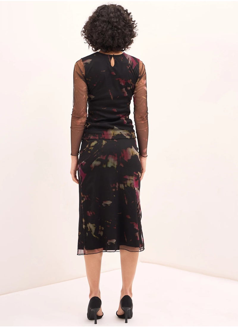 Salt Attire Women's Abstract Print Crew Neck Top and High Rise Midi Skirt Set, Attached Lining, Ruching Detail, Full Sleeve Top with Side Zip Closure  - Image 5