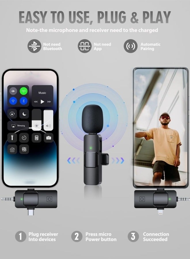 فيكالو 3 في 1 ميكروفونات لافالير لاسلكية 3 في 1 لأجهزة iPhone و iPad و Android والكاميرا، ميكروفون USB-C، بطارية 7 ساعات، ميكروفون صغير مع خاصية تقليل الضوضاء لتسجيل الفيديو، مدونة فيديو، يوتيوب، تيك توك - Image 3