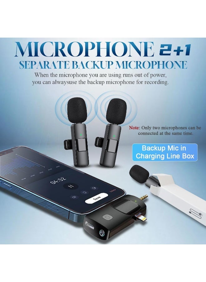فيكالو 3 في 1 ميكروفونات لافالير لاسلكية 3 في 1 لأجهزة iPhone و iPad و Android والكاميرا، ميكروفون USB-C، بطارية 7 ساعات، ميكروفون صغير مع خاصية تقليل الضوضاء لتسجيل الفيديو، مدونة فيديو، يوتيوب، تيك توك - Image 1