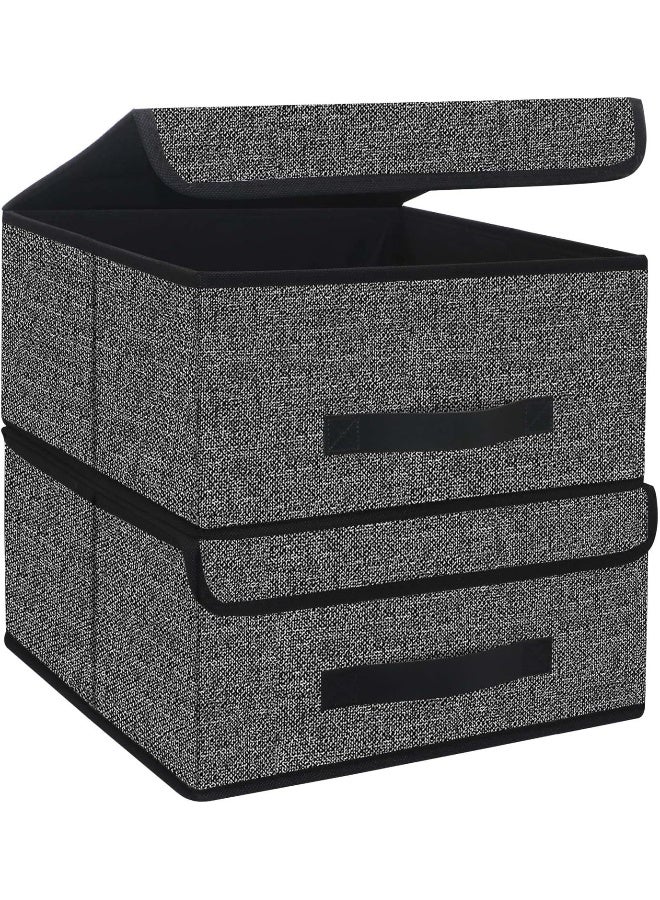 Onlyeasy Foldable Storage Bins Cubes Boxes with Lid  Storage Box Cube Cubby Basket Closet Organizer Pack of Two with Leather Handles for Closet Bedroom 13x13 Black 8MXALB2P - Image 2