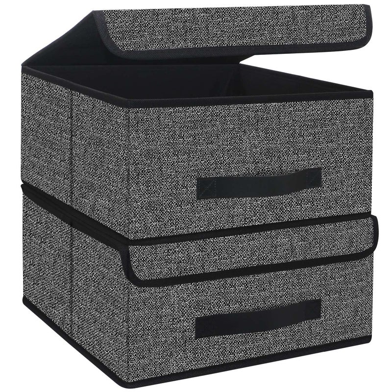 Onlyeasy Foldable Storage Bins Cubes Boxes with Lid  Storage Box Cube Cubby Basket Closet Organizer Pack of Two with Leather Handles for Closet Bedroom 13x13 Black 8MXALB2P - Image 1