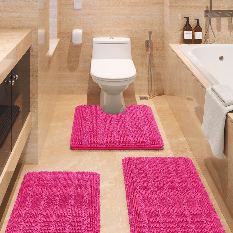 ACCUMTEK Striped Hot Pink Bathroom Rug Set 3 Pieces Ultra Soft Non Slip Chenille Toilet Mat Absorbent Plush Shaggy Bath Mats for Bathroom Bedroom Kitchen Peach