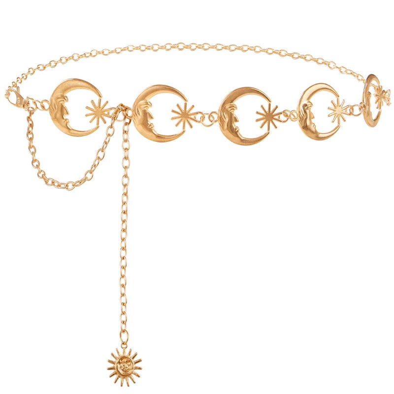 FIORETTO Chain Belt for Women Metal Belts Fashion Waist Belts for Dress Moon Star Gold Length 43in - Image 1
