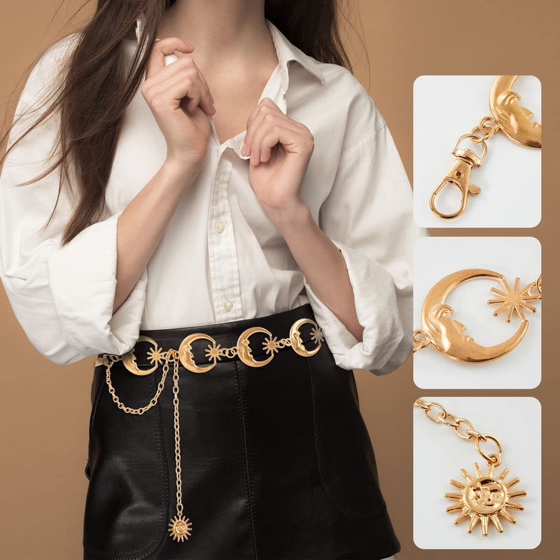 FIORETTO Chain Belt for Women Metal Belts Fashion Waist Belts for Dress Moon Star Gold Length 43in - Image 3