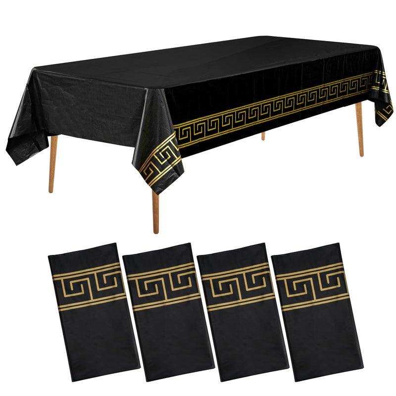 Amatra 4Pack Disposable Table Cloth 54 x 108  Luxurious Black Tablecloths for Rectangle Tables  140g Thick Plastic Covers With Gold Art Margin for Indoor  Outdoor Events
