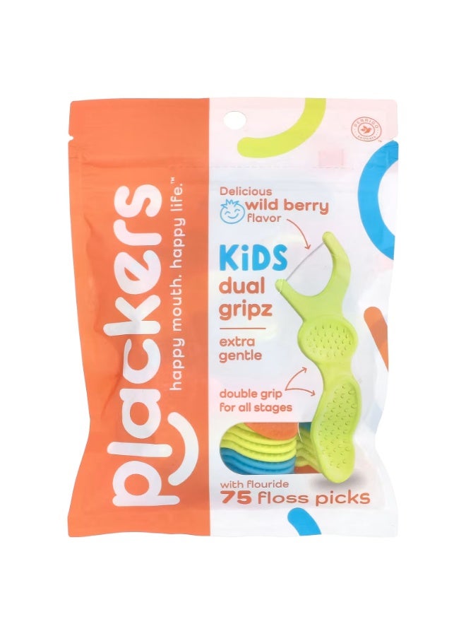Plackers, Kid's Dual Gripz, Extra Gentle with Fluoride, Wild Berry, 75 Floss Picks - Image 1