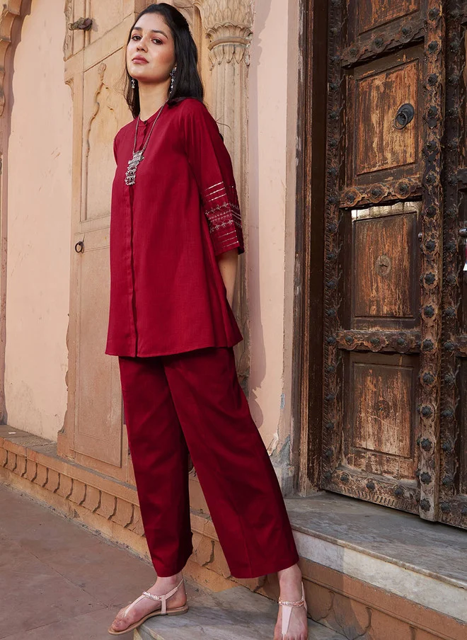 Maroon Embroidered Tunic With Palazzos For Women