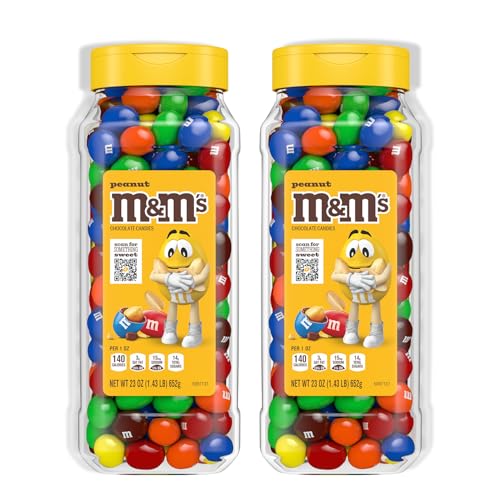 M&M'S برطمانات حلوى M&M'S بالفول السوداني، حلوى شوكولاتة متنوعة، حجم حفلة بالجملة، مكافآت ليلة الفيلم، حلوى شوكولاتة بالجملة، شوكولاتة بوفيه، قابلة لإعادة الإغلاق وإعادة التدوير، 23 أونصة لكل منها، عبوة من 2 - Image 1