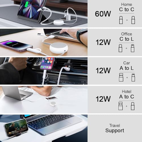 Verilux® 4 in 1 Retractable C Type Charger Cable 1M/3.3Ft, PD 60W USB C Cable Fast Charging & 480Mbps Data C Type Fast Charging with USB/C to Lighting/C for iPhone 17/16/15/14, Galaxy S25/S24/S23 - Image 3