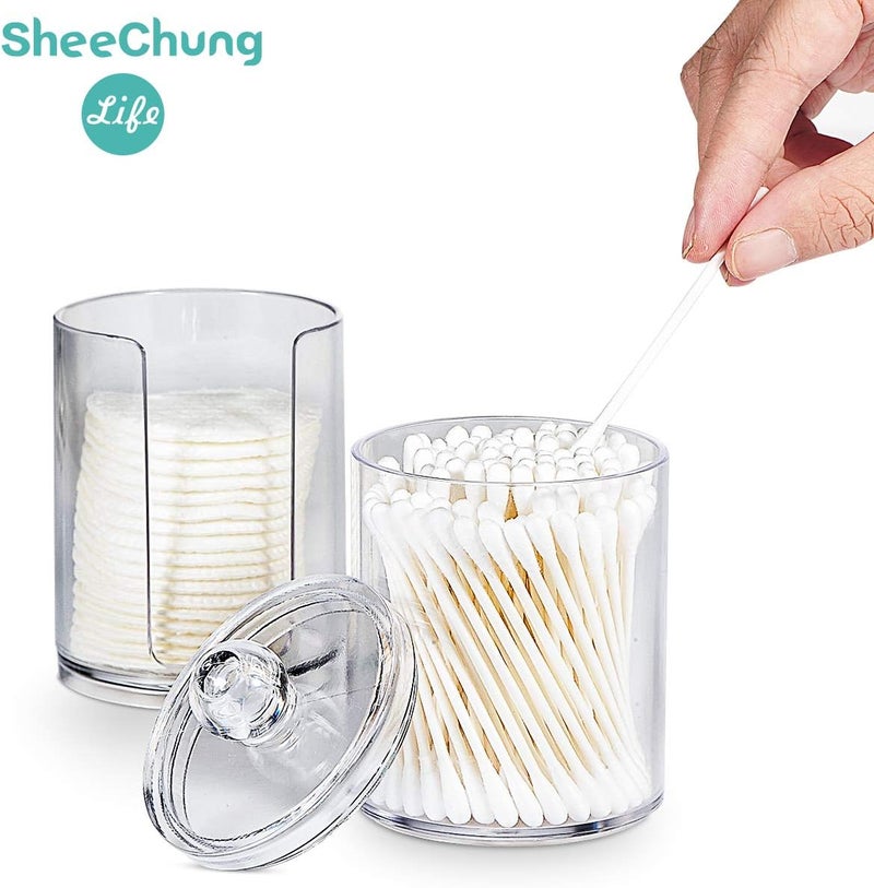 SheeChung Qtip Holder Dispenser Set - Apothecary Jars Bathroom Clear Plastic Acrylic for Cotton Balls, Swabs, Q-Tips, Rounds, Makeup Pads Storage Canister - Image 2
