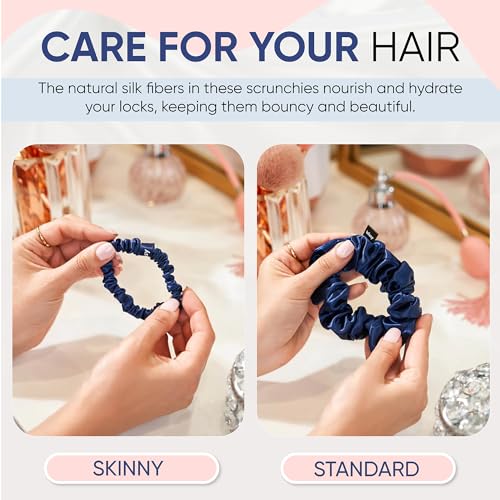Blissy Silk Scrunchies 3 Pack 100 Pure Mulberry Silk 22 Momme 6A HighGrade Fibers Scrunchie for Straight Curly Hair Preventing Breakage Tangling Creasing Blue Skinny - Image 3