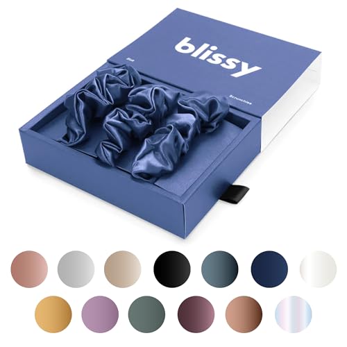 Blissy Silk Scrunchies 3 Pack 100 Pure Mulberry Silk 22 Momme 6A HighGrade Fibers Scrunchie for Straight Curly Hair Preventing Breakage Tangling Creasing Blue Skinny - Image 1